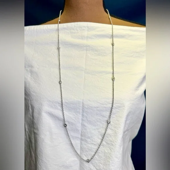 JUDITH RIPKA 925 Sterling Silver CZ Diamonique Station Chain Necklace; 36”